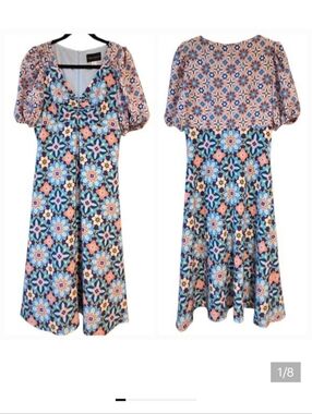 Donna Morgan Midi Dress Mixed Floral Full Skirt V-neck Lined Zip Back Sz 6